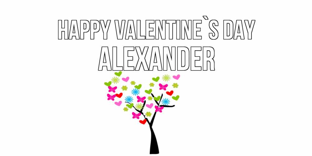 Greetings card с именем, Alexander Happy Valentine`s Day дерево из бабочке и сердечек Greetings with text for free download 